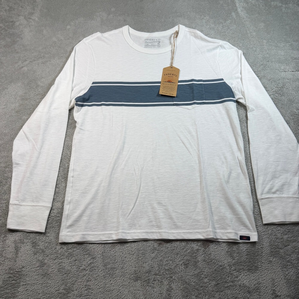 Faherty T-Shirt Mens Medium White Sunwashed Striped Pocket Organic Cotton NWT
